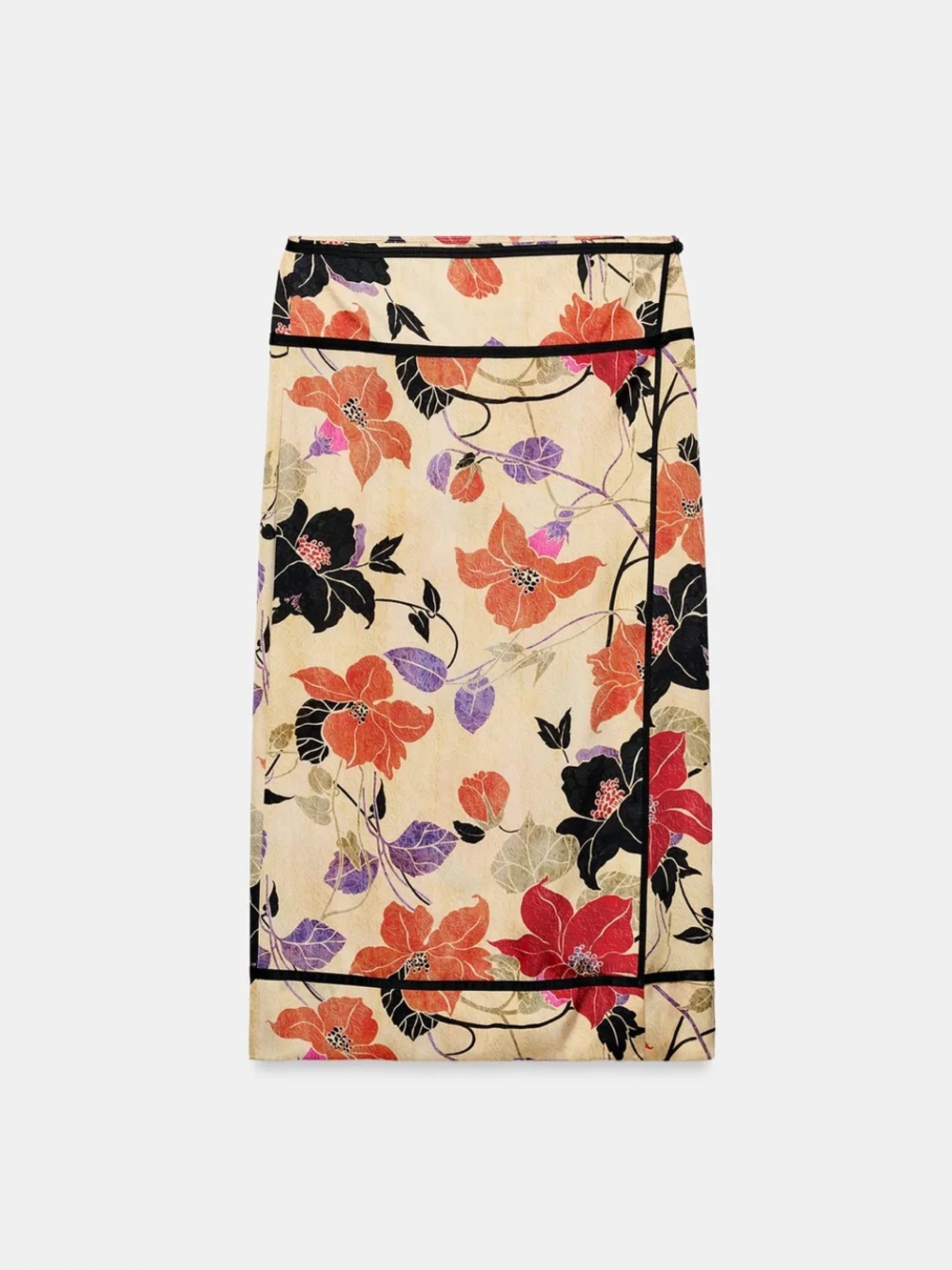 Zara Cream Floral Pencil Skirt with Red, Black & Purple Accents